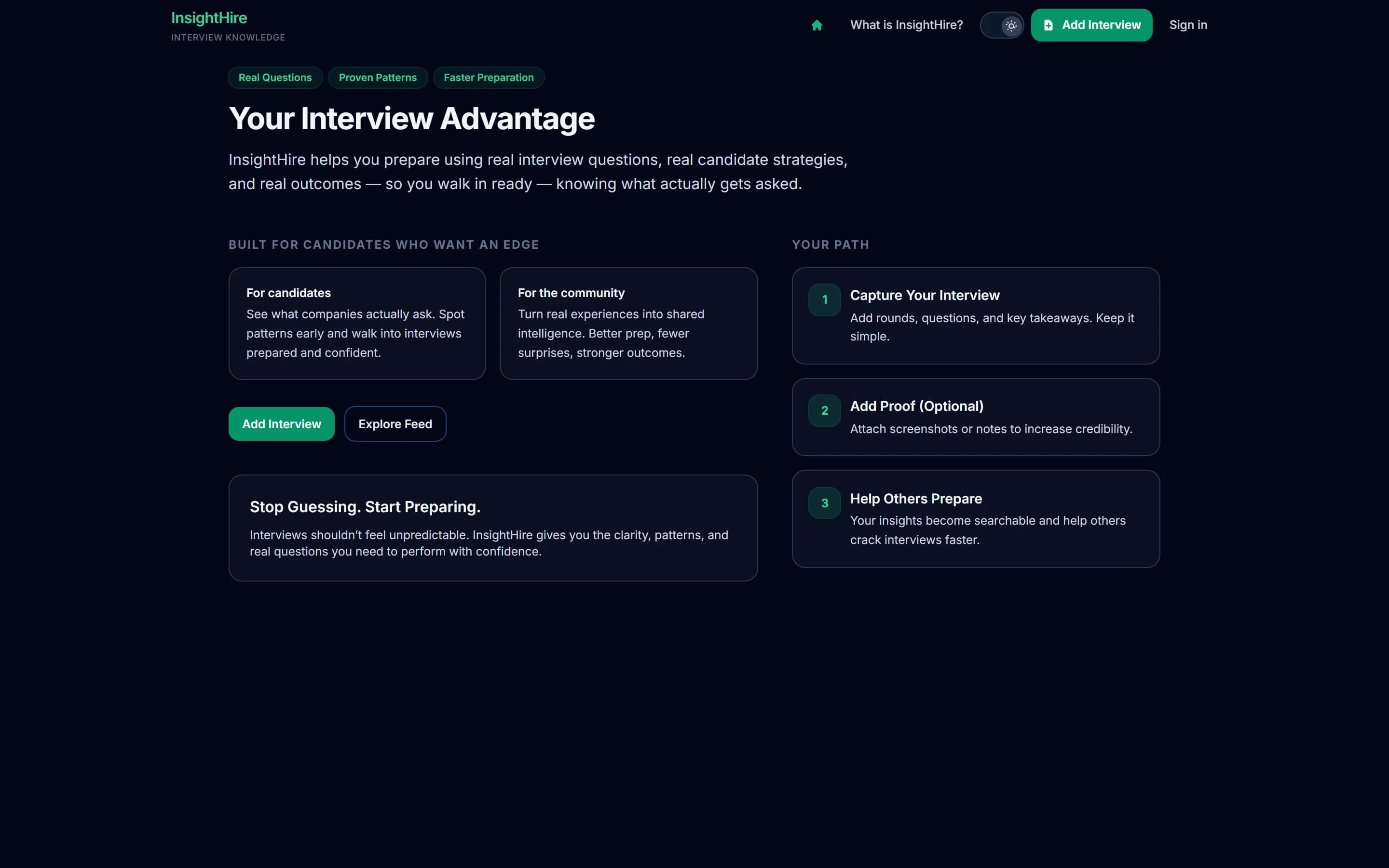 InsightHire: 'Your Interview Advantage' overview and contribution flow