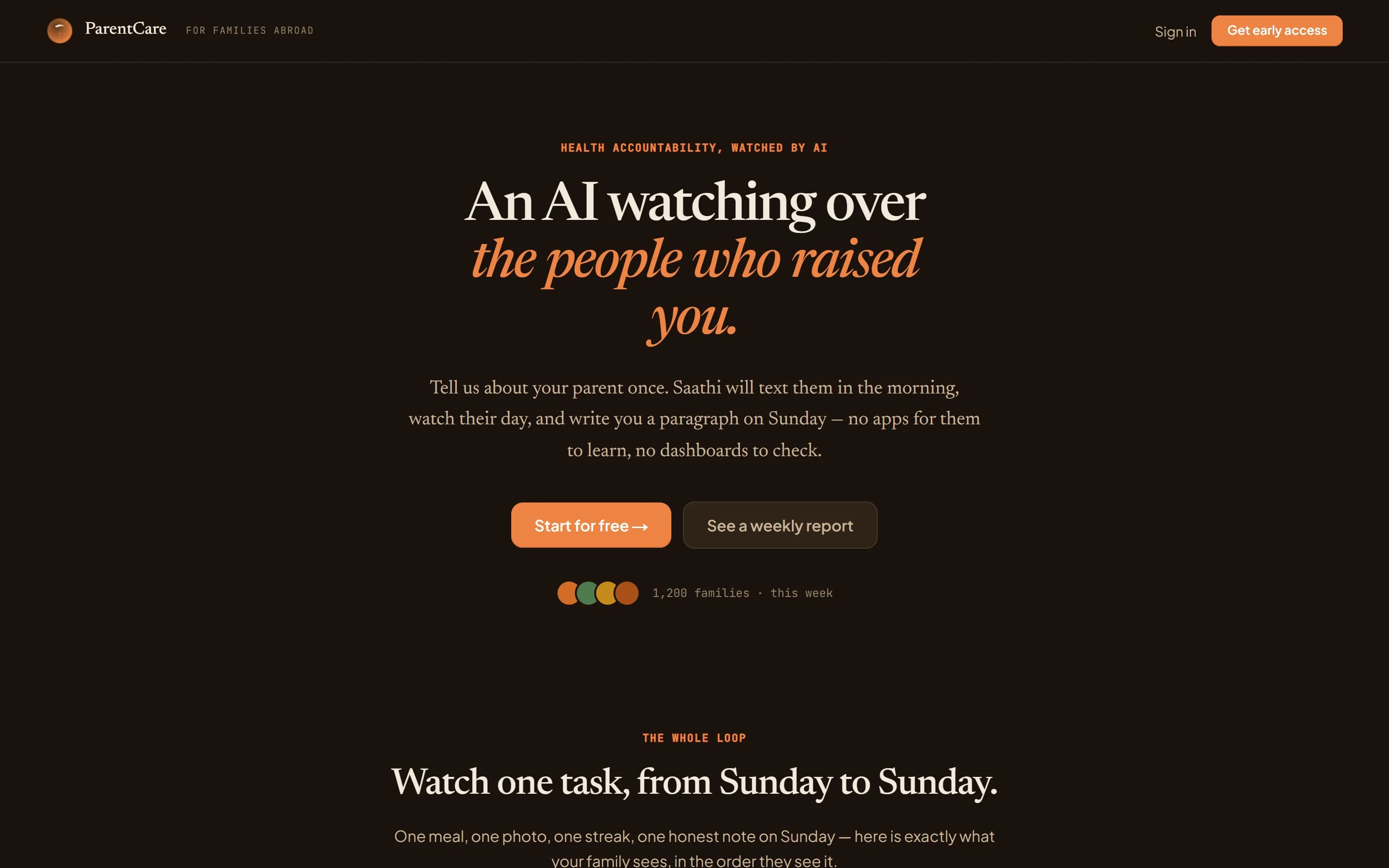ParentCare landing page: 'An AI watching over the people who raised you'